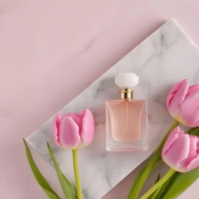 A Perfume Bottle On A Marble Tile Surrounded By Pink Tulips With Green Leaves All Against A Green Background 52 7d83