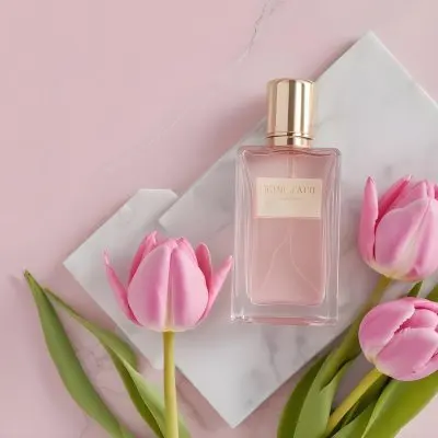 A Perfume Bottle On A Marble Tile Surrounded By Pink Tulips With Green Leaves All Against A Green Background 8 3ceb