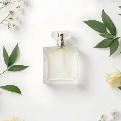 A Perfume Bottle Surrounded By Flowers And Green Leaves White Background Studio Shot Minimalist Composition Soft Lighting Elegant Fresh Floral Fragrance Concept 13 0d3e