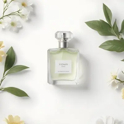 A Perfume Bottle Surrounded By Flowers And Green Leaves White Background Studio Shot Minimalist Composition Soft Lighting Elegant Fresh Floral Fragrance Concept 34 3a31