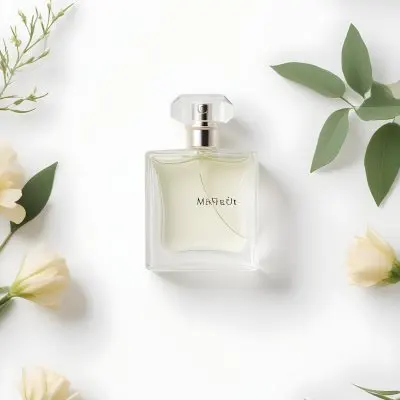 A Perfume Bottle Surrounded By Flowers And Green Leaves White Background Studio Shot Minimalist Composition Soft Lighting Elegant Fresh Floral Fragrance Concept 38 A203