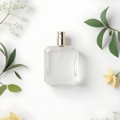 A Perfume Bottle Surrounded By Flowers And Green Leaves White Background Studio Shot Minimalist Composition Soft Lighting Elegant Fresh Floral Fragrance Concept 4 6e53