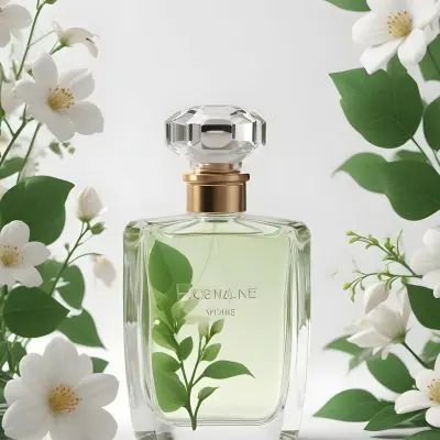 A Perfume Bottle Surrounded By Flowers And Green Leaves White Background Studio Shot Minimalist Composition Soft Lighting Elegant Fresh Floral Fragrance Concept 41 Eb2f