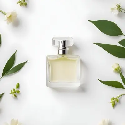 A Perfume Bottle Surrounded By Flowers And Green Leaves White Background Studio Shot Minimalist Composition Soft Lighting Elegant Fresh Floral Fragrance Concept 52 C4ef