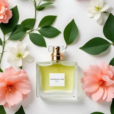 A Perfume Bottle Surrounded By Flowers And Green Leaves White Background Studio Shot Minimalist Composition Soft Lighting Elegant Fresh Floral Fragrance Concept 53 Fe85