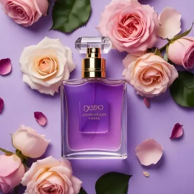 A Perfume Bottle Surrounded By Roses And Petals On A Purple Background Product Photography Studio Shot Soft Lighting Elegant Feminine Floral Arrangement Fragrance Advertisement 40 Bf7f