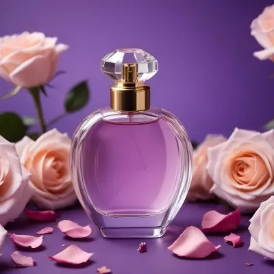 A Perfume Bottle Surrounded By Roses And Petals On A Purple Background Product Photography Studio Shot Soft Lighting Elegant Feminine Floral Arrangement Fragrance Advertisement 51 15fd