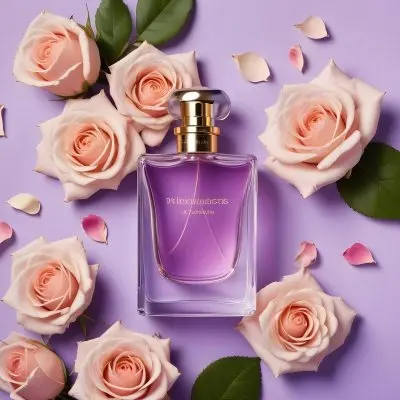 A Perfume Bottle Surrounded By Roses And Petals On A Purple Background Product Photography Studio Shot Soft Lighting Elegant Feminine Floral Arrangement Fragrance Advertisement 8 D1c4