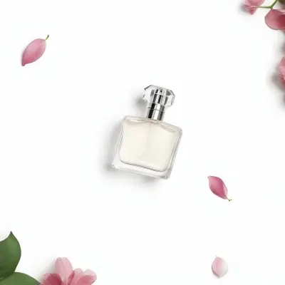 A Perfume Bottle Surrounded By White Flower Petals On A White Background Top Down View Soft Lighting Minimalist Composition Elegant Fresh Clean Beauty Product Floral Arrangement 13 A38e