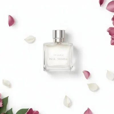 A Perfume Bottle Surrounded By White Flower Petals On A White Background Top Down View Soft Lighting Minimalist Composition Elegant Fresh Clean Beauty Product Floral Arrangement 71 4555