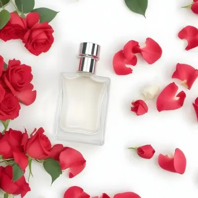 A Perfume Bottle Surrounded By White Roses And Petals On A White Surface The Bottle Is Clear And Round The Roses Are Vibrant 31 49aa