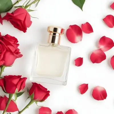 A Perfume Bottle Surrounded By White Roses And Petals On A White Surface The Bottle Is Clear And Round The Roses Are Vibrant 55 7622