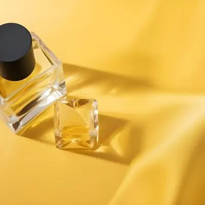 A Perfume Bottle With A Black Cap And A Small Crystal Cube On A Yellow Fabric Background 2 48dd