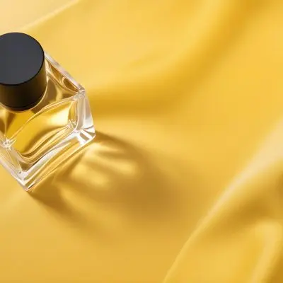 A Perfume Bottle With A Black Cap And A Small Crystal Cube On A Yellow Fabric Background 41 C879