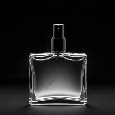A Perfume Bottle With A Black Spray Nozzle On A Plain Black Background The Bottle Is Clear And Partially Filled With Liquid 7 Ee06