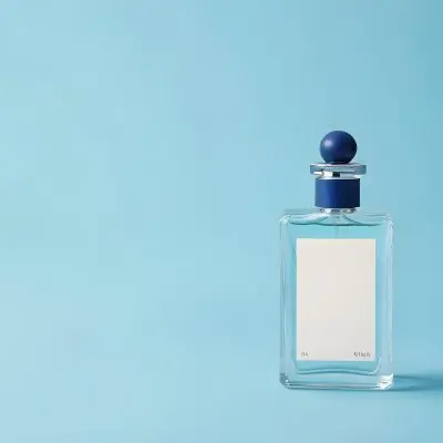 A Perfume Bottle With A Blue Cap And A Blue Label On A Light Blue Background 10 5fb8