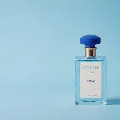 A Perfume Bottle With A Blue Cap And A Blue Label On A Light Blue Background 12 B612