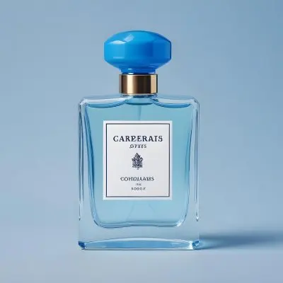 A Perfume Bottle With A Blue Cap And A Blue Label On A Light Blue Background 14 E72c