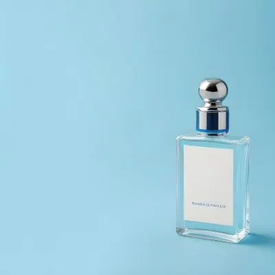 A Perfume Bottle With A Blue Cap And A Blue Label On A Light Blue Background 18 9fae