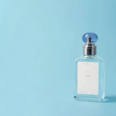 A Perfume Bottle With A Blue Cap And A Blue Label On A Light Blue Background 23 Cd3f