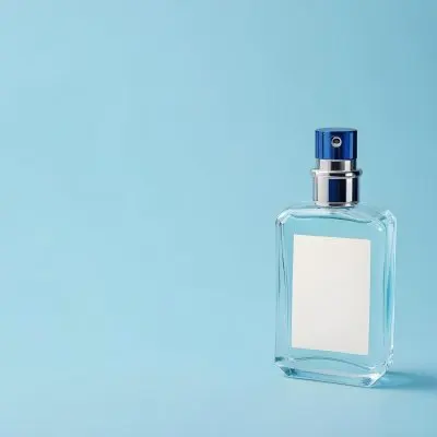 A Perfume Bottle With A Blue Cap And A Blue Label On A Light Blue Background 26 C166