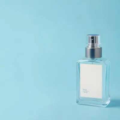 A Perfume Bottle With A Blue Cap And A Blue Label On A Light Blue Background 29 69e8
