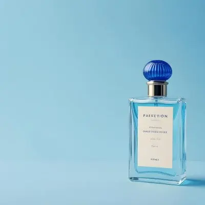 A Perfume Bottle With A Blue Cap And A Blue Label On A Light Blue Background 3 33dd