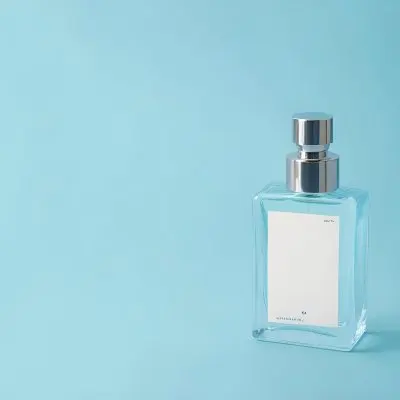 A Perfume Bottle With A Blue Cap And A Blue Label On A Light Blue Background 30 0dcf