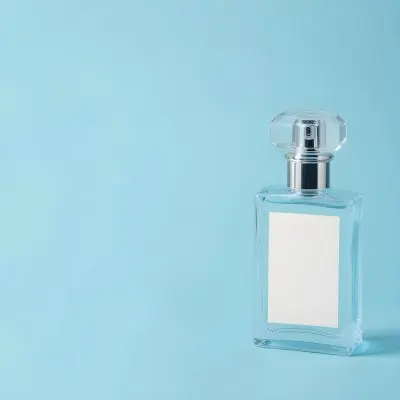A Perfume Bottle With A Blue Cap And A Blue Label On A Light Blue Background 31 Ff6a