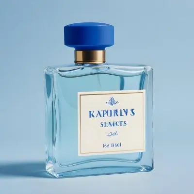 A Perfume Bottle With A Blue Cap And A Blue Label On A Light Blue Background 5 248d