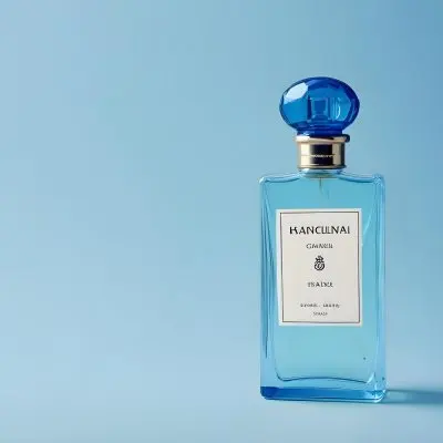 A Perfume Bottle With A Blue Cap And A Blue Label On A Light Blue Background 7 B82e