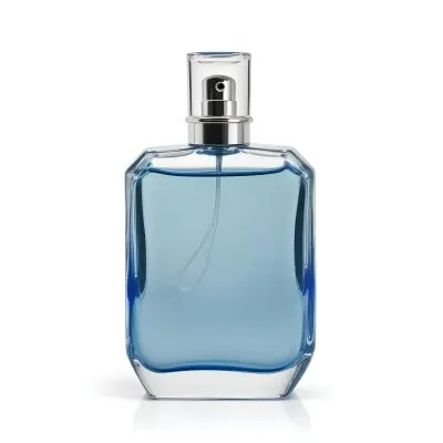A Perfume Bottle With A Blue Cap And A Blue Liquid Inside On A White Background 17 9fd2
