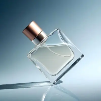 A Perfume Bottle With A Copper Cap Tilted On A Blue Gradient Background Casting A Soft Shadow Product Photography Elegant Minimalist Design Clear Glass Liquid Inside 16 120d