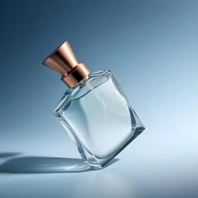 A Perfume Bottle With A Copper Cap Tilted On A Blue Gradient Background Casting A Soft Shadow Product Photography Elegant Minimalist Design Clear Glass Liquid Inside 17 3338