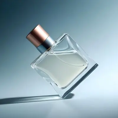 A Perfume Bottle With A Copper Cap Tilted On A Blue Gradient Background Casting A Soft Shadow Product Photography Elegant Minimalist Design Clear Glass Liquid Inside 2 9e89