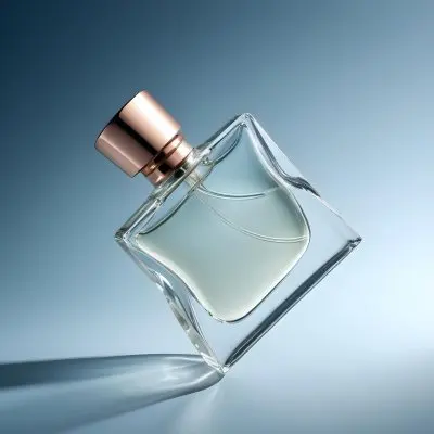A Perfume Bottle With A Copper Cap Tilted On A Blue Gradient Background Casting A Soft Shadow Product Photography Elegant Minimalist Design Clear Glass Liquid Inside 20 Bd62