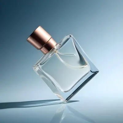 A Perfume Bottle With A Copper Cap Tilted On A Blue Gradient Background Casting A Soft Shadow Product Photography Elegant Minimalist Design Clear Glass Liquid Inside 25 904b