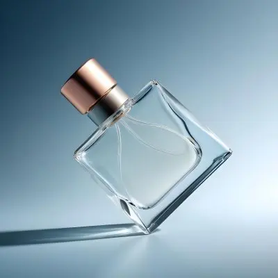 A Perfume Bottle With A Copper Cap Tilted On A Blue Gradient Background Casting A Soft Shadow Product Photography Elegant Minimalist Design Clear Glass Liquid Inside 26 63be