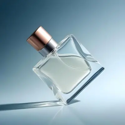 A Perfume Bottle With A Copper Cap Tilted On A Blue Gradient Background Casting A Soft Shadow Product Photography Elegant Minimalist Design Clear Glass Liquid Inside 27 4778