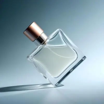 A Perfume Bottle With A Copper Cap Tilted On A Blue Gradient Background Casting A Soft Shadow Product Photography Elegant Minimalist Design Clear Glass Liquid Inside 32 236f