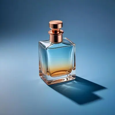 A Perfume Bottle With A Copper Cap Tilted On A Blue Gradient Background Casting A Soft Shadow Product Photography Elegant Minimalist Design Clear Glass Liquid Inside 35 9ce1