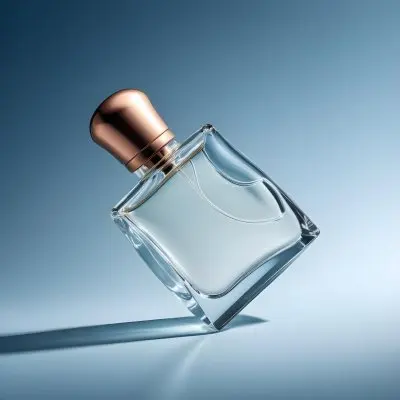 A Perfume Bottle With A Copper Cap Tilted On A Blue Gradient Background Casting A Soft Shadow Product Photography Elegant Minimalist Design Clear Glass Liquid Inside 38 Fd27