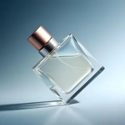 A Perfume Bottle With A Copper Cap Tilted On A Blue Gradient Background Casting A Soft Shadow Product Photography Elegant Minimalist Design Clear Glass Liquid Inside 39 F863