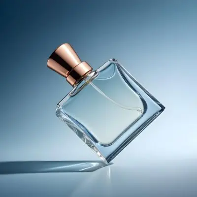 A Perfume Bottle With A Copper Cap Tilted On A Blue Gradient Background Casting A Soft Shadow Product Photography Elegant Minimalist Design Clear Glass Liquid Inside 4 B1e4