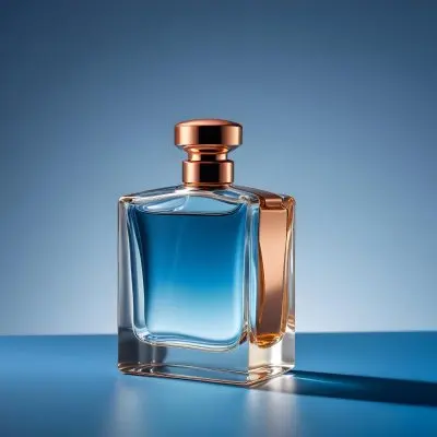 A Perfume Bottle With A Copper Cap Tilted On A Blue Gradient Background Casting A Soft Shadow Product Photography Elegant Minimalist Design Clear Glass Liquid Inside 41 4d3f
