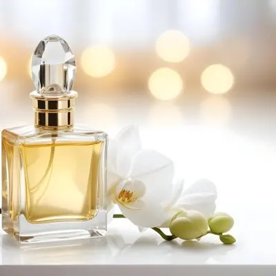 A Perfume Bottle With A Crystal Cap And A White Orchid Flower On A White Surface With A Blurred Background Of Lights 11 448a