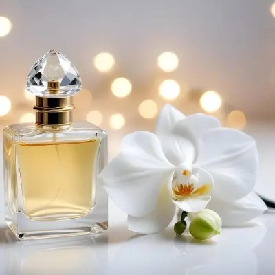 A Perfume Bottle With A Crystal Cap And A White Orchid Flower On A White Surface With A Blurred Background Of Lights 15 A161