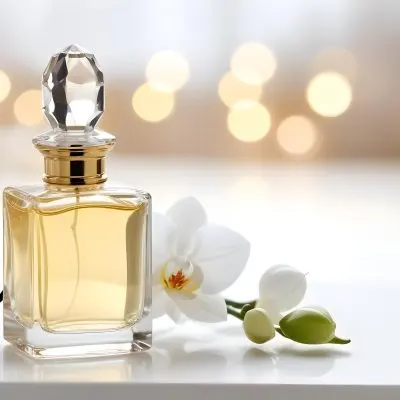 A Perfume Bottle With A Crystal Cap And A White Orchid Flower On A White Surface With A Blurred Background Of Lights 18 9e9d