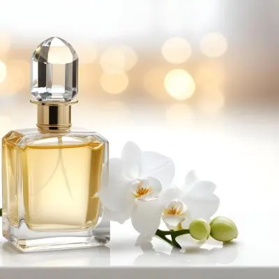 A Perfume Bottle With A Crystal Cap And A White Orchid Flower On A White Surface With A Blurred Background Of Lights 21 2689