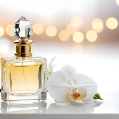 A Perfume Bottle With A Crystal Cap And A White Orchid Flower On A White Surface With A Blurred Background Of Lights 26 Ceaa